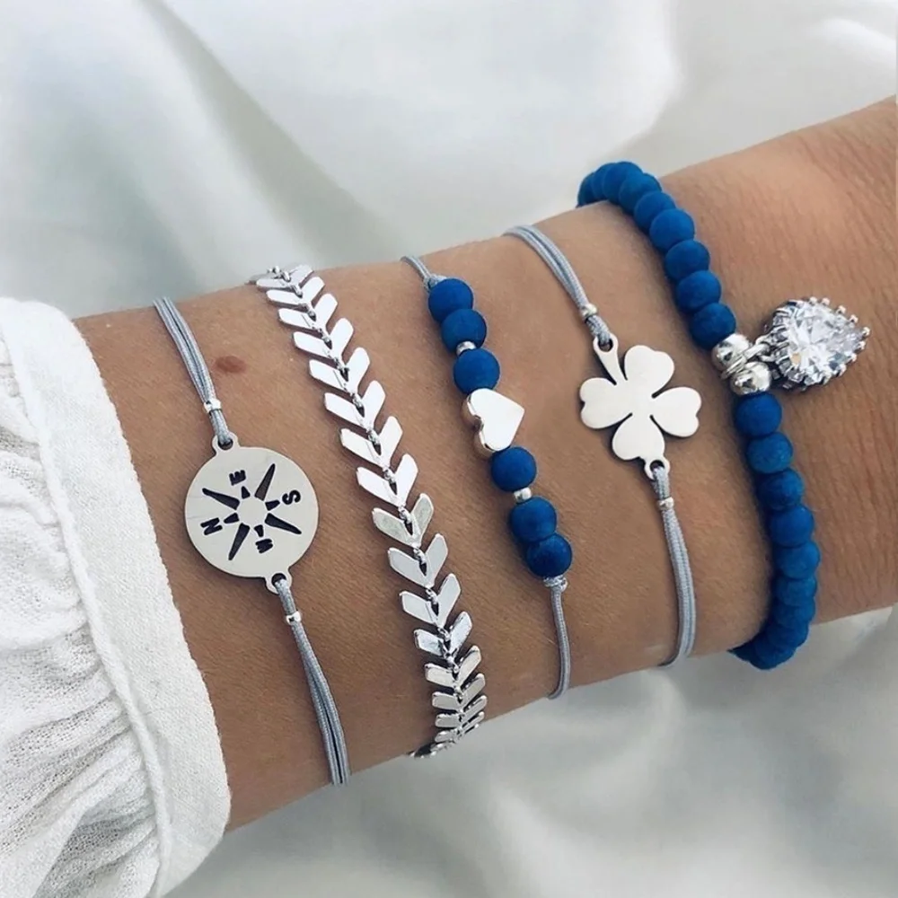 *ELKIE* 5-Pc Silver x Blue Fashion Bracelet Set